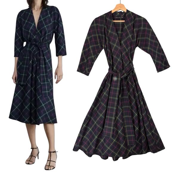 Zara Tartan Midi Dress Bloggers Fav Plaid SZ XS Women ALine Belt Green Outlander - Picture 1 of 10